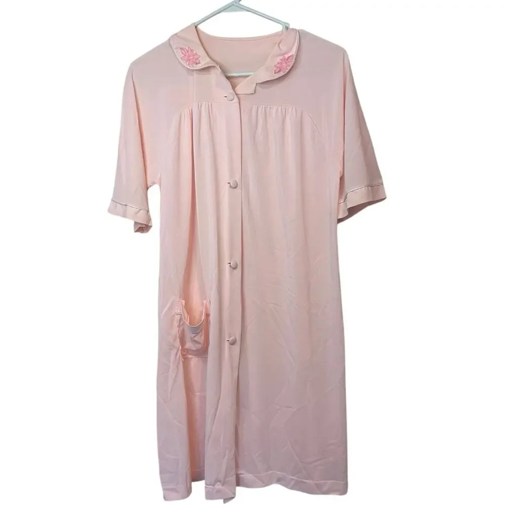 Lorraine Vintage Pink Nightgown Size S Peter Pan Collar Floral Appliqué 60s/70s